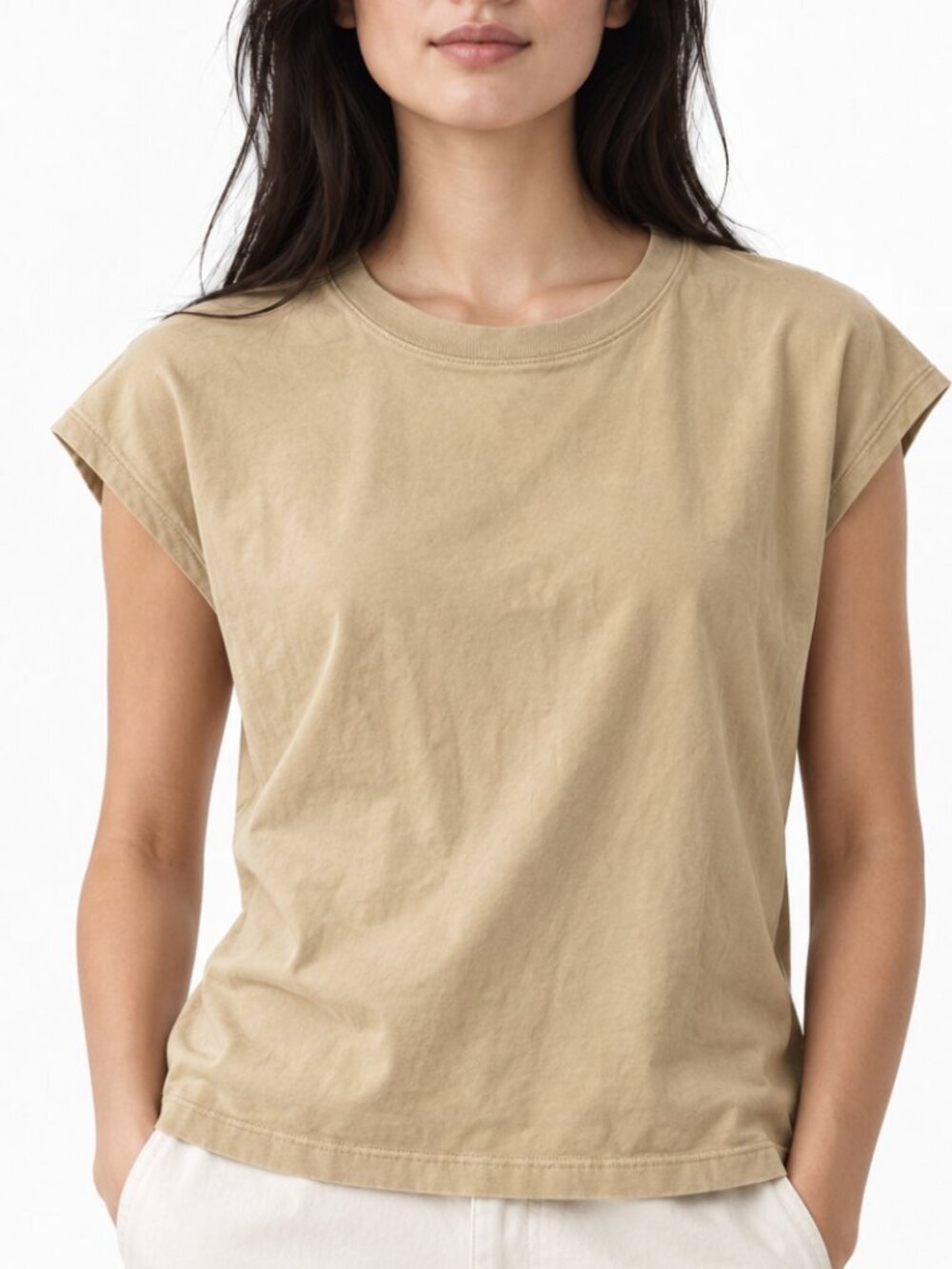 Uniqlo 100% Cotton Yellowish Tan Cap Sleeve Thick Boxy T-Shirt M